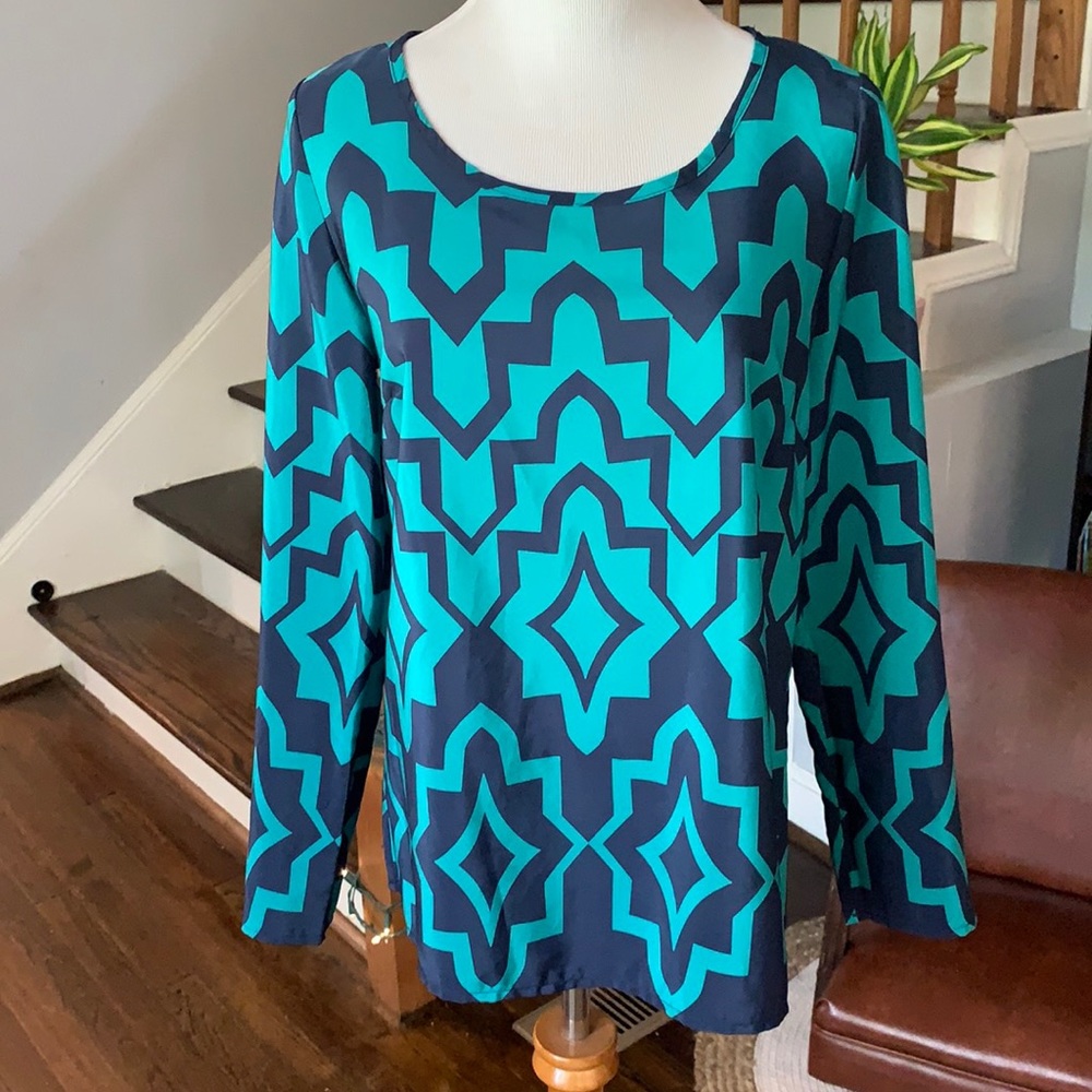 Navy & Turquoise Long Sleeve Blouse